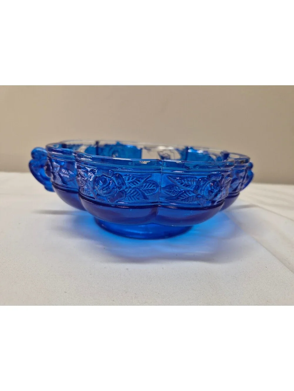 Vintage Glass Decorative Bowl with Blue Paint and Handles J4